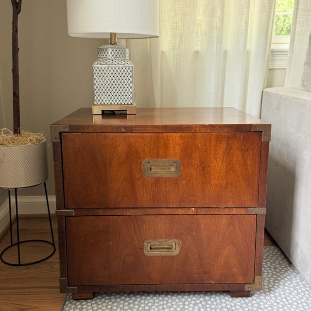 Henredon Mid-Century Henredon 2 Drawer Campaign Nightstand/Sidetable —Two Available For Sale - Image 4 of 14