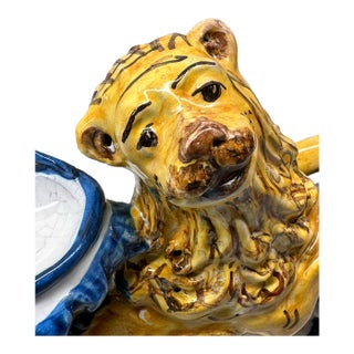 F. Messina Caltagirone Polychromed Earthenware Lion Inkwell 1950’s For Sale