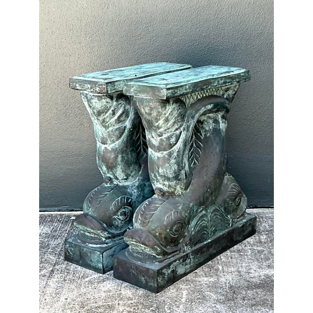 Mid-Century Modern Vintage Patinated Bronze Dolphin Table Pedestals - A Pair For Sale - Image 3 of 12