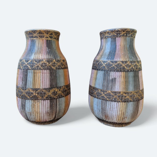 Charcoal Vintage Italian Aldo Londi for Bitossi Seta Sgraffito Ceramic Pottery Vases - A Pair For Sale - Image 8 of 12