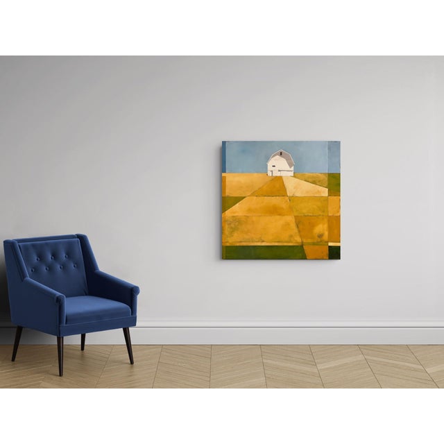 Yellow Golden Fields by Justin Wheatley | Acrylic on Canvas White Barn With Gold Fields For Sale - Image 8 of 12