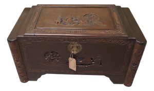 Art Deco Carved Dark Camphor Wood Chest, 1920