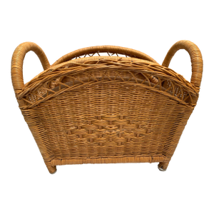 Vintage Wood Wicker Honey Toned Storage Basket