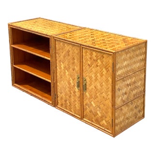 Late 20th Century Vintage Coastal Parquet Rattan Credenza Set of 2 For Sale