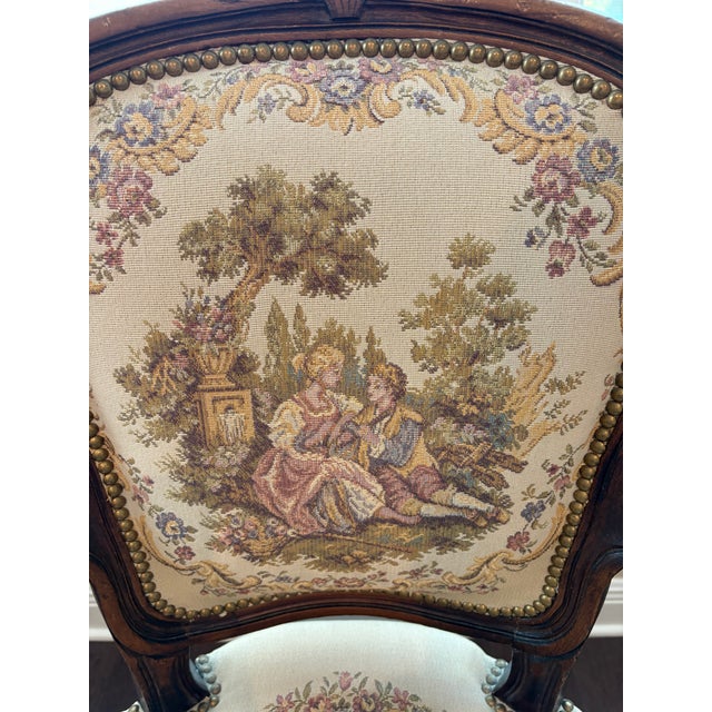 1970s Vintage French Louis XV Style Carved Walnut Fauteuil With Pastoral Tapestry Upholstery For Sale - Image 5 of 8