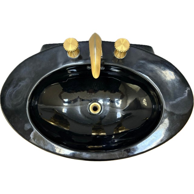 Contemporary Vintage 80s Kohler Black Gold Pedestal Sink K-2124 With Faucet For Sale - Image 3 of 12