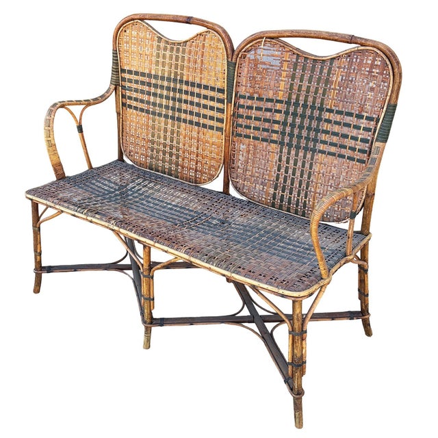 Traditional Restored Aesthetic Movement Tiger & Tortoise Bamboo Bench Settee W/ Woven Seat For Sale - Image 3 of 8