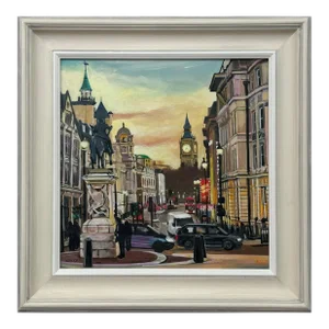 Urban Landscape Art of London City Westminster With Black Taxis, Big Ben & Trafalgar Square by Contemporary British Artist, 2024