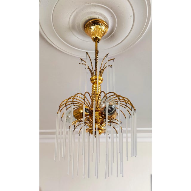 Vintage Brass Chandelier Milk Glass Rods Ceiling Light For Sale - Image 12 of 14