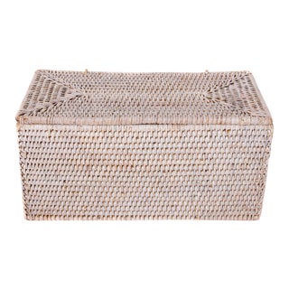 Artifacts White Wash Rattan Rectangular Double Tissue Roll Box With Lid For Sale