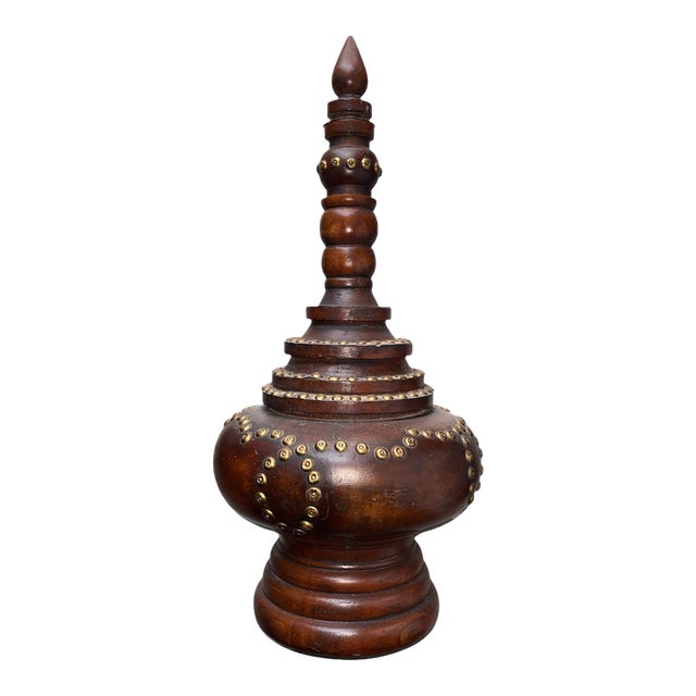 Mid-20th Century Burmese Wooden Temple Finial With Brass Stud Detailing For Sale