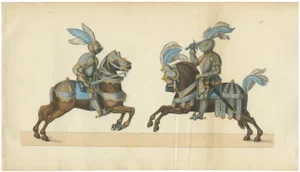 Litho of Knights in Jousting Armor on Caparisoned Horses, 1842, Paper