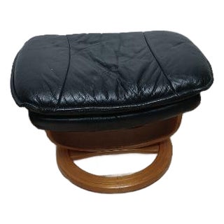 1980s Black Leather Footstool Wood For Sale
