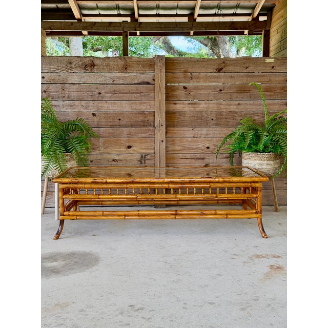 Vintage Brighton Pavilion Style Bamboo Coffee Table With Glass Top For Sale - Image 11 of 12