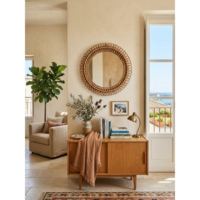 Red Round Mirror in Rattan and Bamboo attributed to Franco Albini for Bonacina, Italy, 1960s For Sale - Image 8 of 9