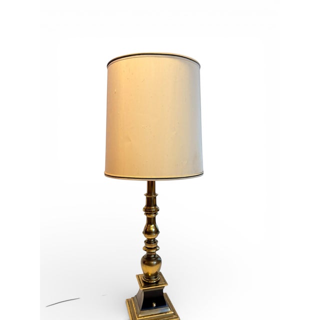 1960s MCM Torchiere Lamp Stiffel, Candle Stick Neoclassical Brass Finish With Original Shade & Finial. 3-Way Elc. For Sale - Image 9 of 12