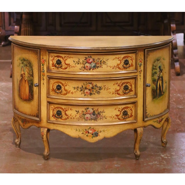 Wood Mid-Century Italian Painted Demi-Lune Commode With Floral and Figural Panel For Sale - Image 7 of 14
