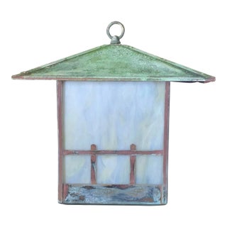 Single Arts & Crafts Brass Lantern Pendant Light With Art Glass For Sale