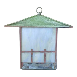Single Arts & Crafts Brass Lantern Pendant Light With Art Glass