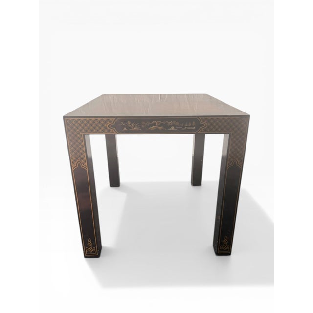 1980s 1980s Drexel Heritage Chinoiserie Parsons Side Tables, Pair – Lacquered With Gilt Asian Motif Inlay For Sale - Image 5 of 14