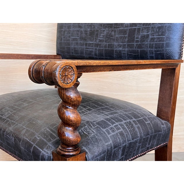 19th Spanish Carved Walnut Armchair with New Black Leather and Solomonic Columns For Sale - Image 6 of 18