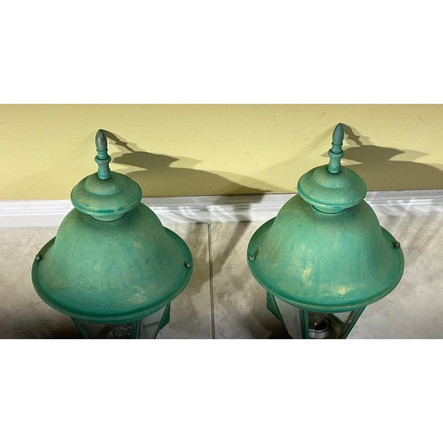 Pair Vintage Solid Brass Verdigris Carriage Lanterns-Traditional Colonial Style For Sale - Image 15 of 16
