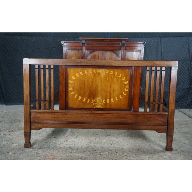 Wood Antique Edwardian Neoclassical Style Mahogany Fruitwood Inlaid Bed Frame For Sale - Image 7 of 18