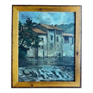Vintage French Village by the Sea, Coastal Oil Painting in New Frame For Sale