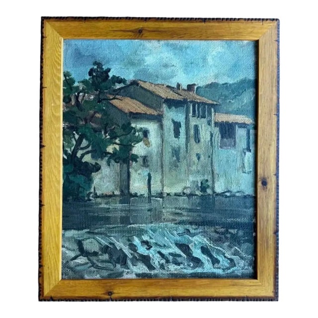Vintage French Village by the Sea, Coastal Oil Painting in New Frame For Sale