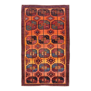 Vintage Wool Ersari Rug in Wool With Gul Design in Orange, Blue, and Brown 5'0 X 8'10