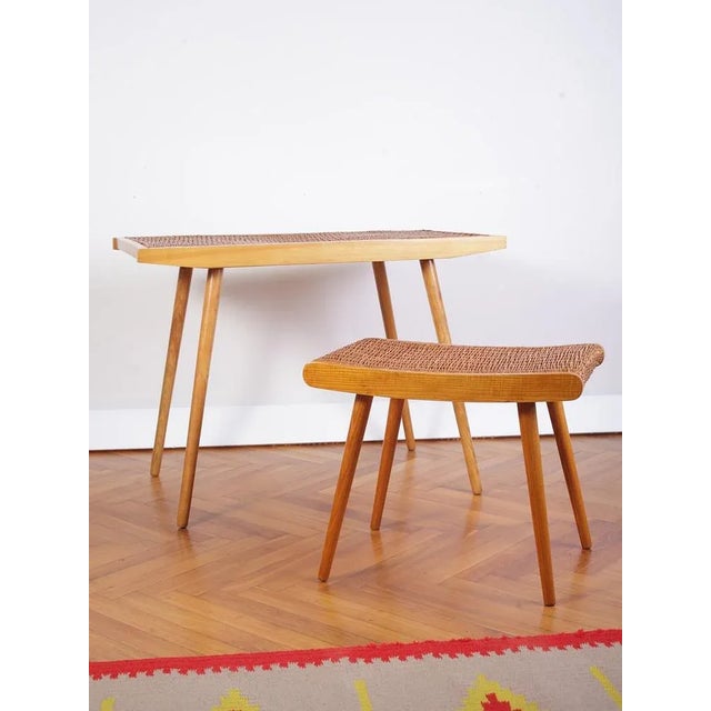 Mid-Century Ash and Wickerwork Side Table and Stool from Uluv, 1960s, Set of 2 For Sale - Image 4 of 18