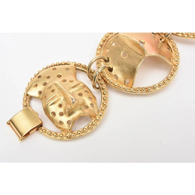 Modern Signed Japanese Yo Hai Gold Plated Mask Charm Bracelet 90's For Sale - Image 3 of 8