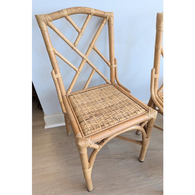 Vintage Chippendale Bamboo Rattan Chair Pair Natural Fretwork For Sale - Image 10 of 16
