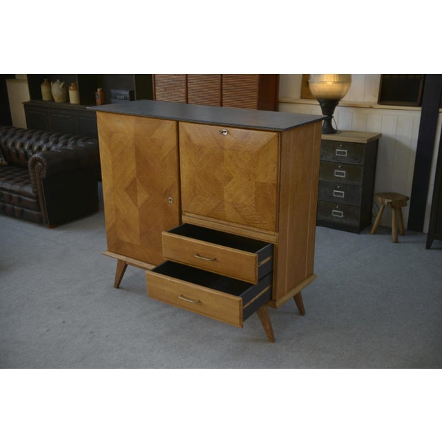 Oak Secretary Sideboard with Leather Top and Compass Feet, 1960s For Sale - Image 4 of 14