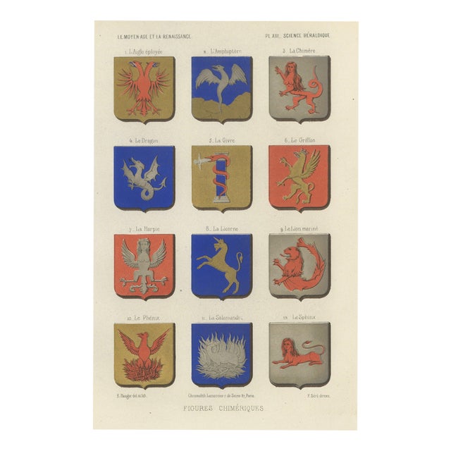 Ferdinand Séré, Chimerical Beasts in Heraldry, Dragons and Griffins, 1851, Chromolithograph For Sale