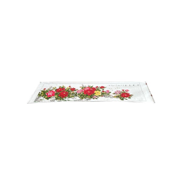 Long Horizontal 141" Chinese Color Ink Red Peony Blossom Scroll Painting For Sale - Image 9 of 14