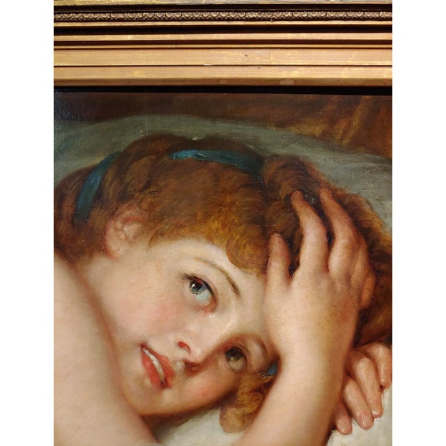 American Young Woman Playful in Bed -19th Century Oil Painting For Sale - Image 3 of 12
