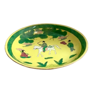 1970s Chinoiserie Hand Painted Porcelain Yellow Decorative Bowl With Figural Scene