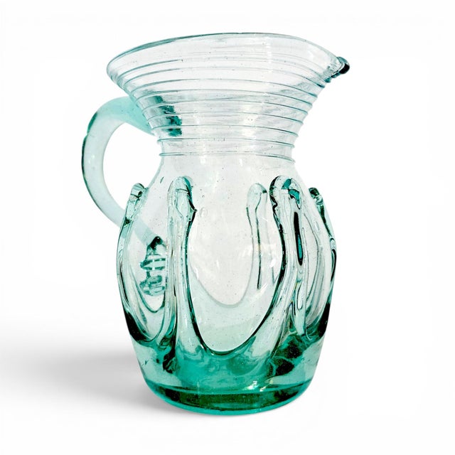 1976 Liberty Village Glasshouse Aquamarine Lily Pad Blown Glass Pitcher 6.75" For Sale - Image 9 of 11