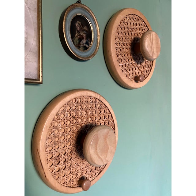 1960s Coat Wall Hooks in Wood and Woven Cane, 1960s, Set of 2 For Sale - Image 5 of 13