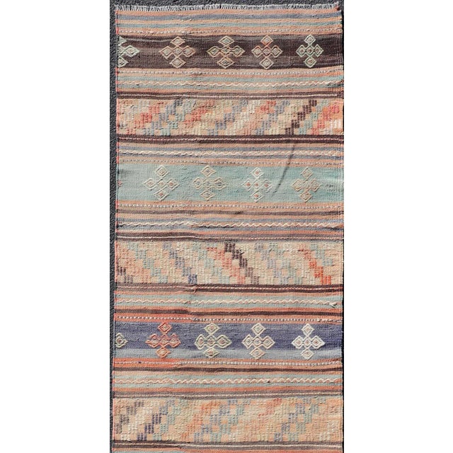 Traditional Mid 20th Century Colorful Vintage Embroidered Kilim Runner With Stripe's and Geometric Motifs For Sale - Image 3 of 11