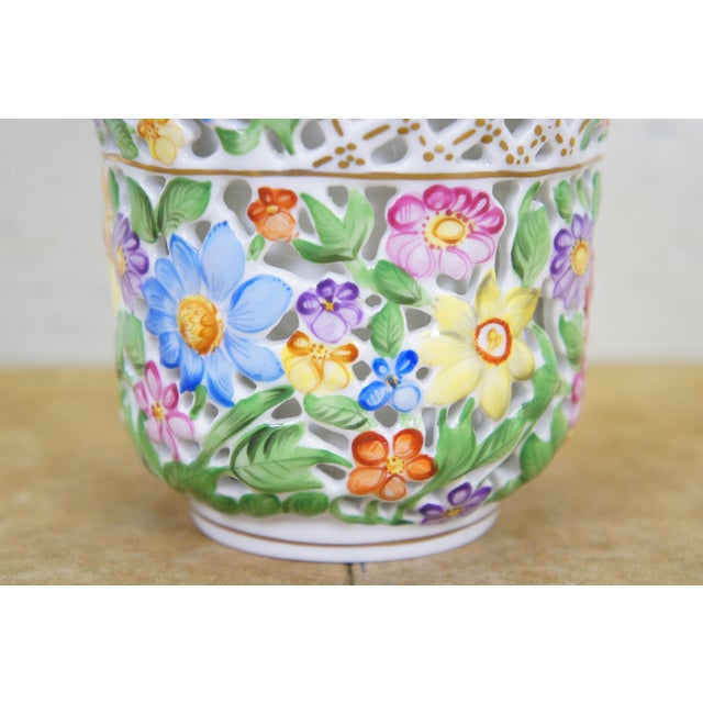 Vintage Herend Hungary Handpainted Openwork Basketweave Pierced Porcelain Vase For Sale - Image 13 of 14