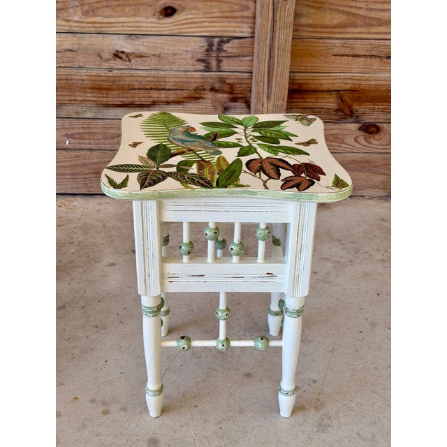 Wood Vintage Custom Painted Tropical Decoupage Spindle Side Table For Sale - Image 7 of 12