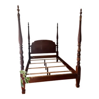 Ethan Allen Carved Solid Cherry Wood Queen Size Poster Bed For Sale