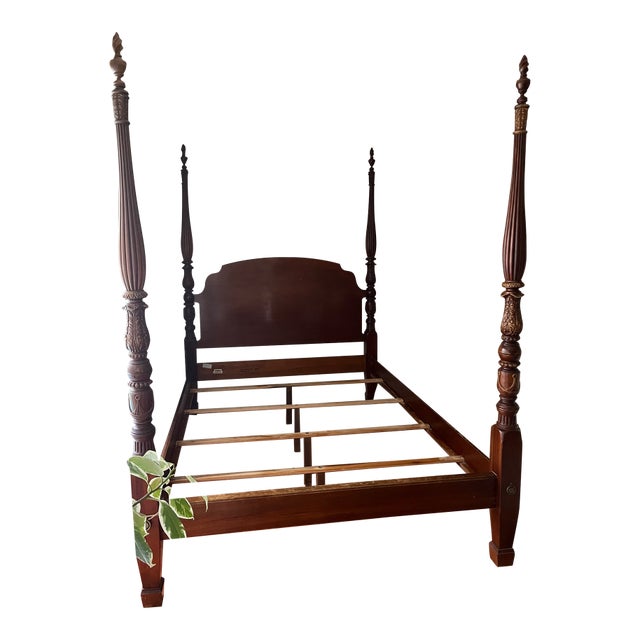 Ethan Allen Carved Solid Cherry Wood Queen Size Poster Bed For Sale