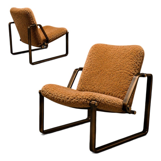 Pair of Brazilian Modern Lounge Chairs in Camel Shearling & Darkened Brass Steel, Brazil, C. 1970s For Sale