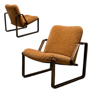 Pair of Brazilian Modern Lounge Chairs in Camel Shearling & Darkened Brass Steel, Brazil, C. 1970s