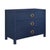 The Getty Three Drawer Chest in navy blue linen! This unique chest features three spacious drawers and antique brass...