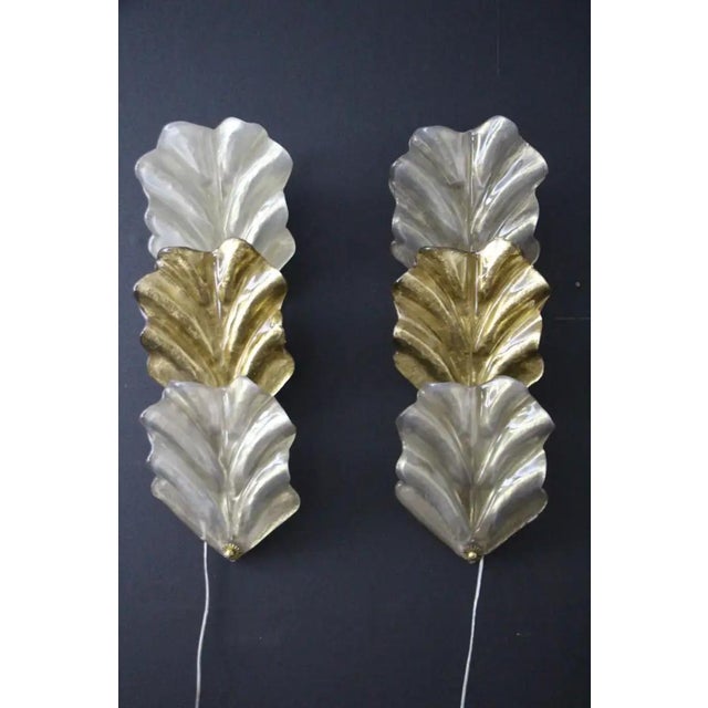Gold and White Murano Glass Leaf Sconces in the style of Barovier, 1990s, Set of 2 For Sale - Image 3 of 15