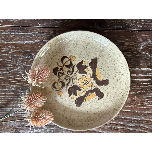Ceramic Vintage Red Wing Turtle Dove 7.5 Inch Plates Brown Mustard Yellow Folk Art Stoneware - Set of 10 For Sale - Image 7 of 10